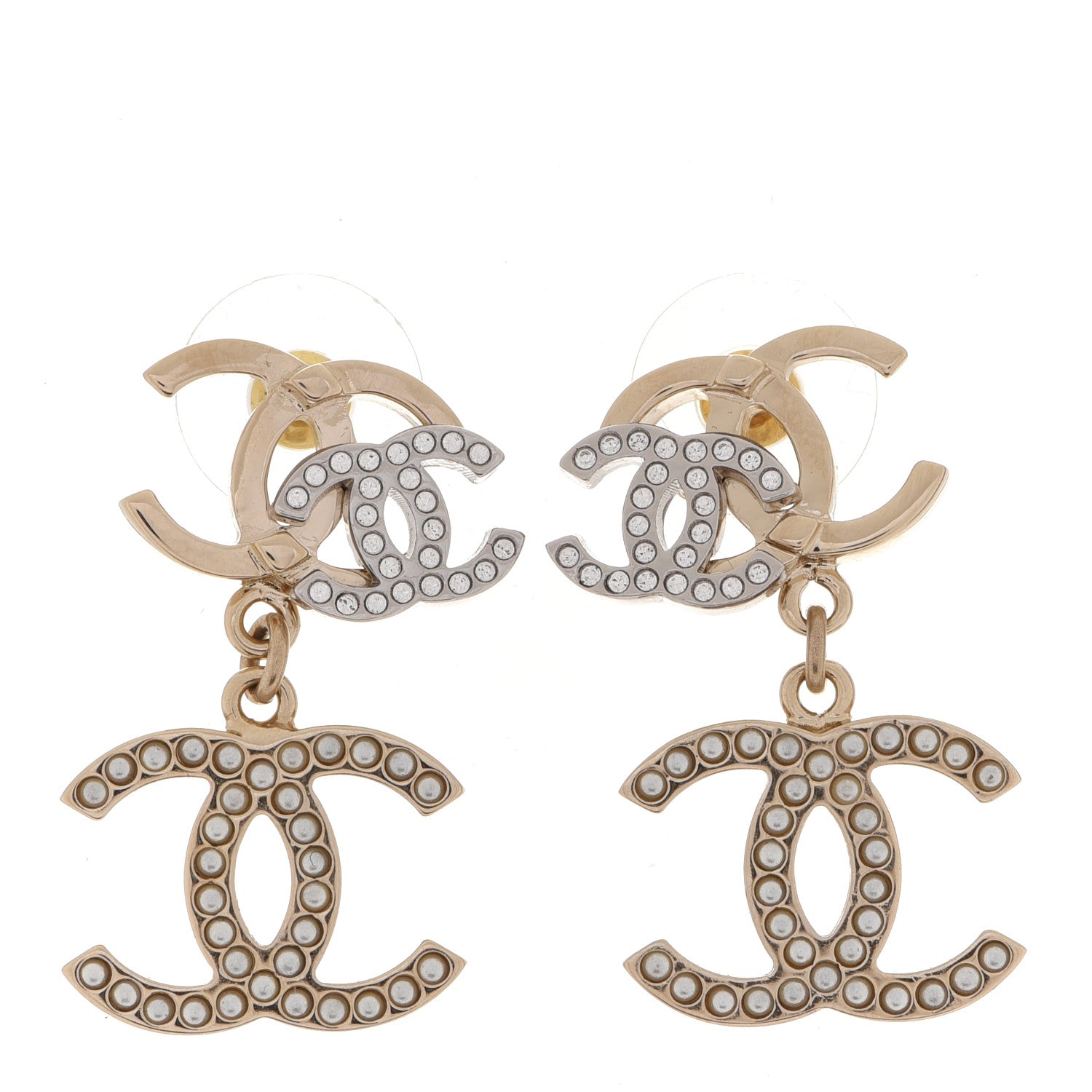 Chanel Crystal Pearl Double CC Drop Earrings Gold Silver 1 of 5