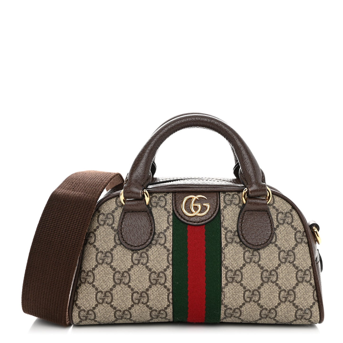 GG Supreme Monogram Textured Dollar Calfskin Web Mini Ophidia Top Handle Bowler Bag Beige Ebony New Acero