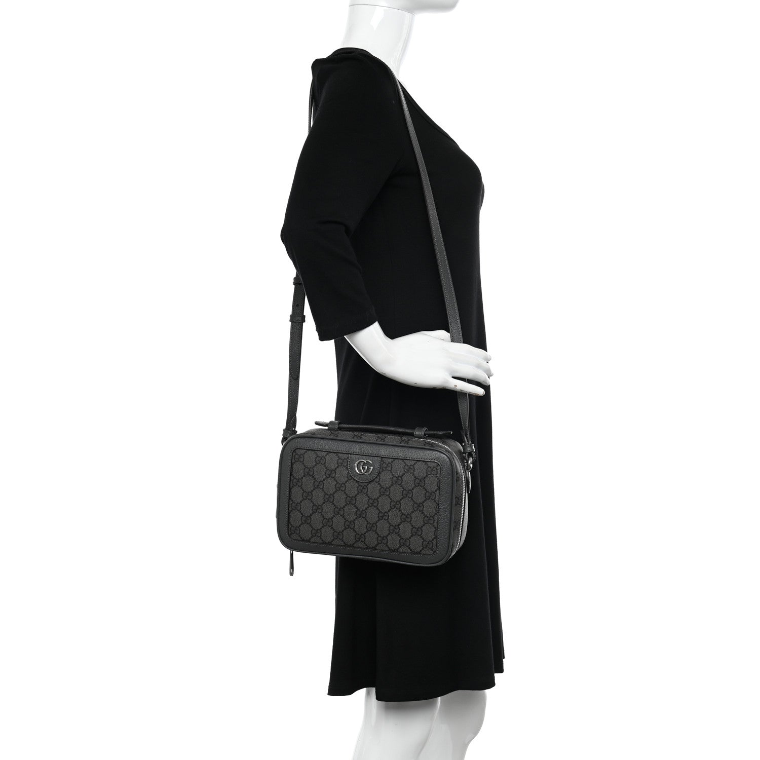 Gucci GG Supreme Monogram Textured Dollar Calfskin Small Ophidia Top Handle Shoulder Grey Black Graphite Grey 2 of 10