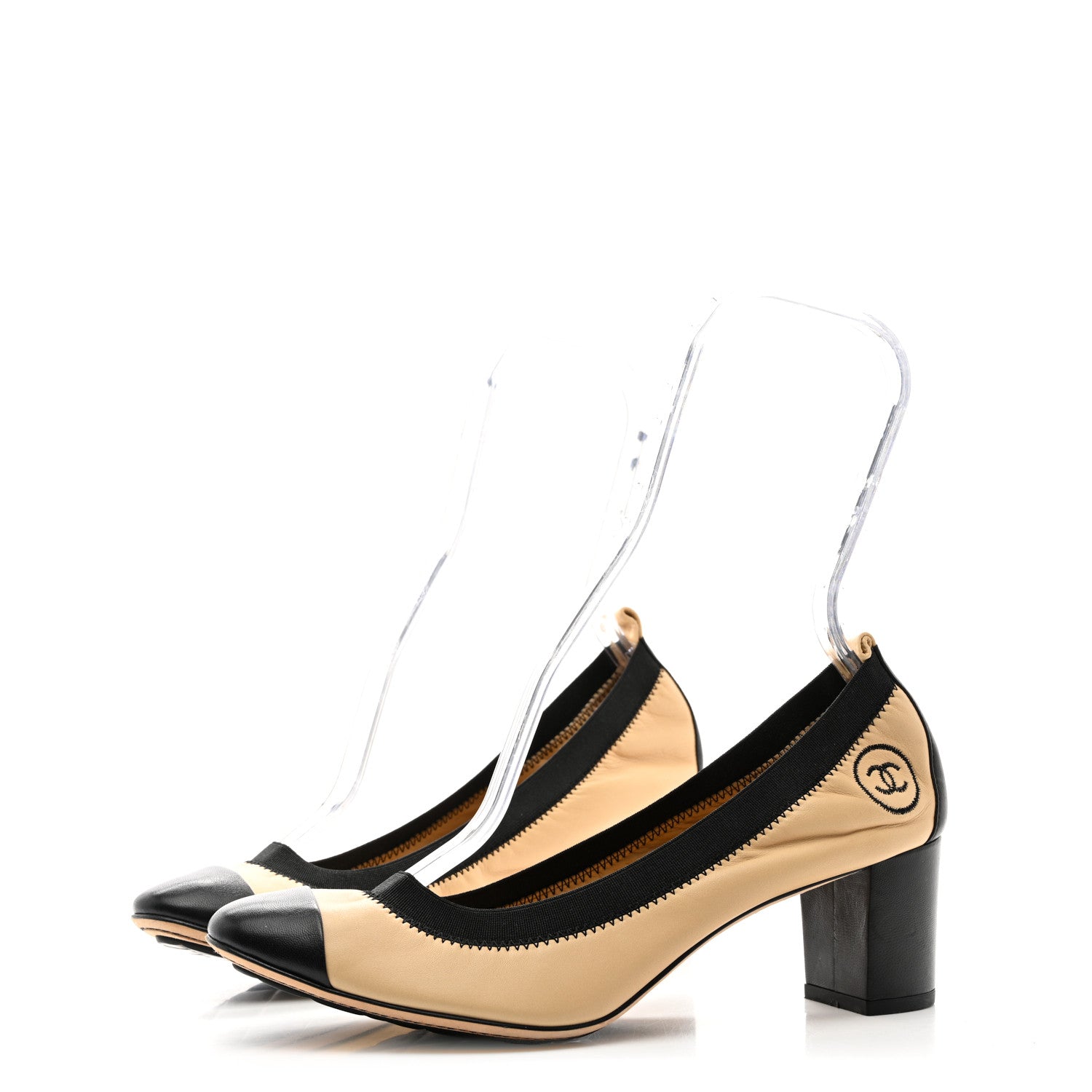 Chanel Lambskin Patent CC Elastic Stretch Pumps 40 Beige Black 3 of 9