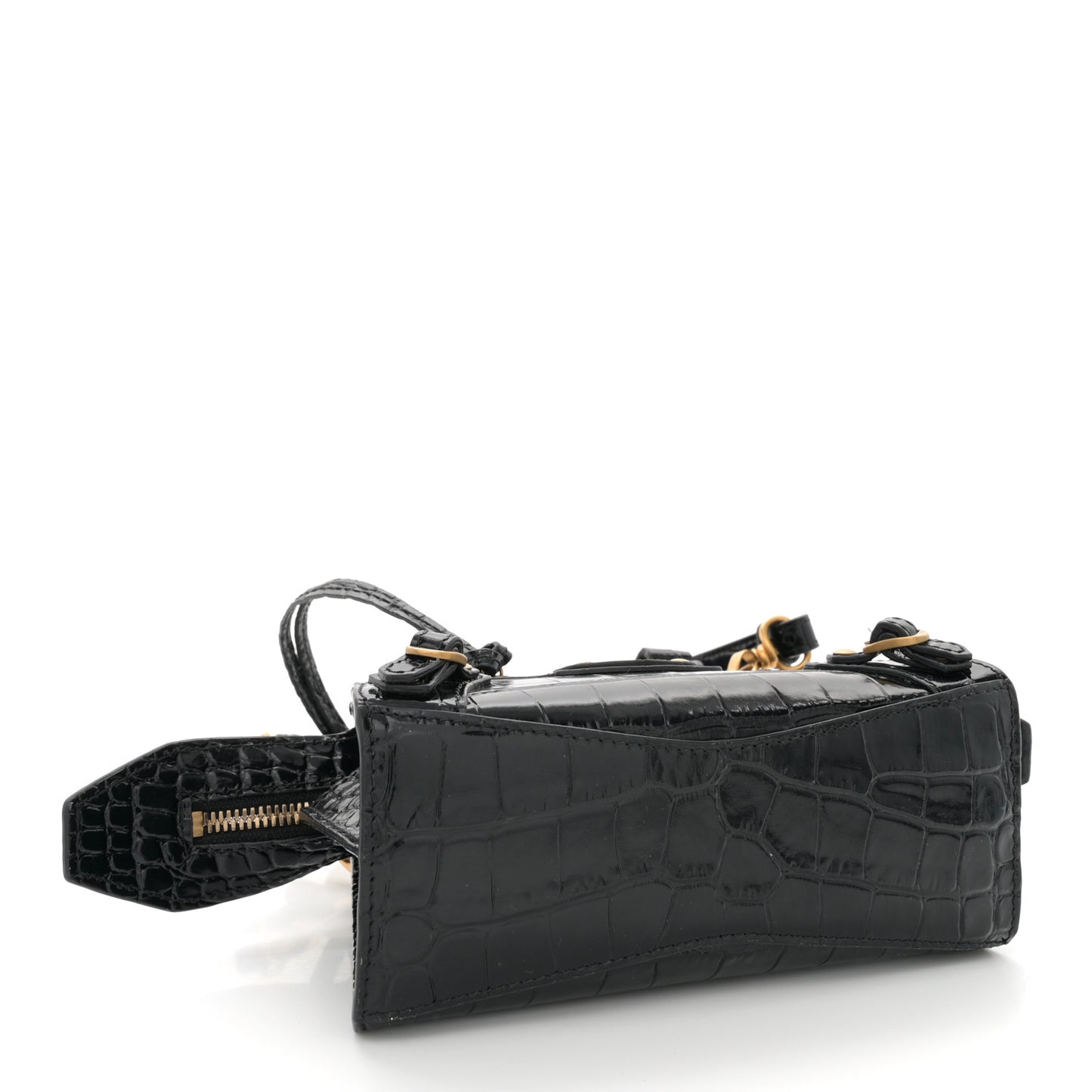 Shiny Supple Calfskin Crocodile Embossed Neo Classic Gold Hardware Nano City Crossbody Black