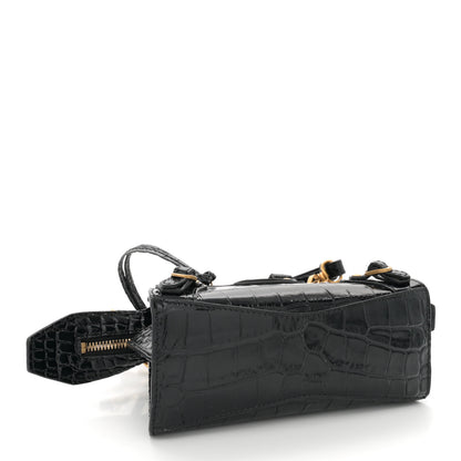 Balenciaga Shiny Supple Calfskin Crocodile Embossed Neo Classic Gold Hardware Nano City Crossbody Black 4 of 11