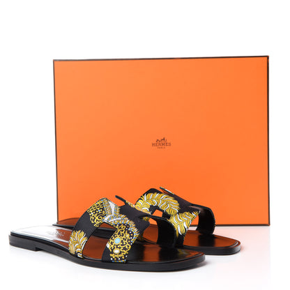 Hermes Silk Printed Sous L'Egide de Mars Oran Sandals 39 Bleu Black 10 of 10