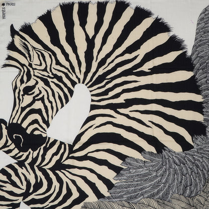 Hermes Cashmere Silk Zebra Pegasus Scarf GM 140 Blanc Noir Naturel 6 of 8