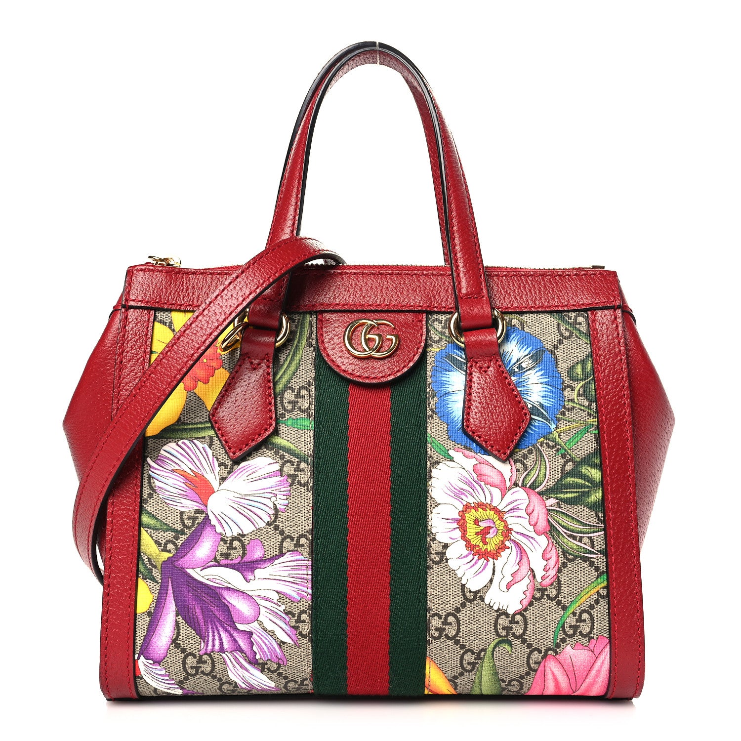 Gucci GG Supreme Monogram Flora Web Small Ophidia Tote Bag Red 1 of 9