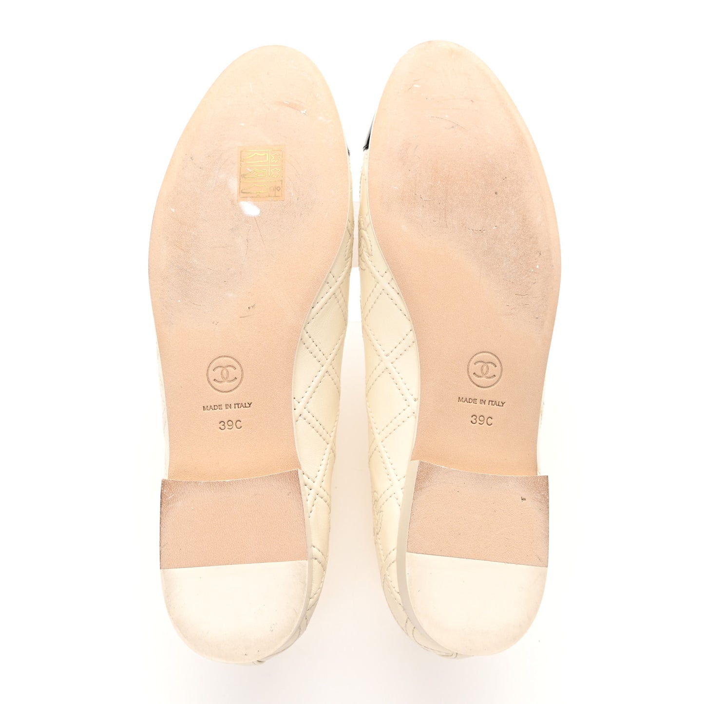 Lambskin Patent Double Stitched CC Cap Toe Ballerina Flats 39 Ivory Black