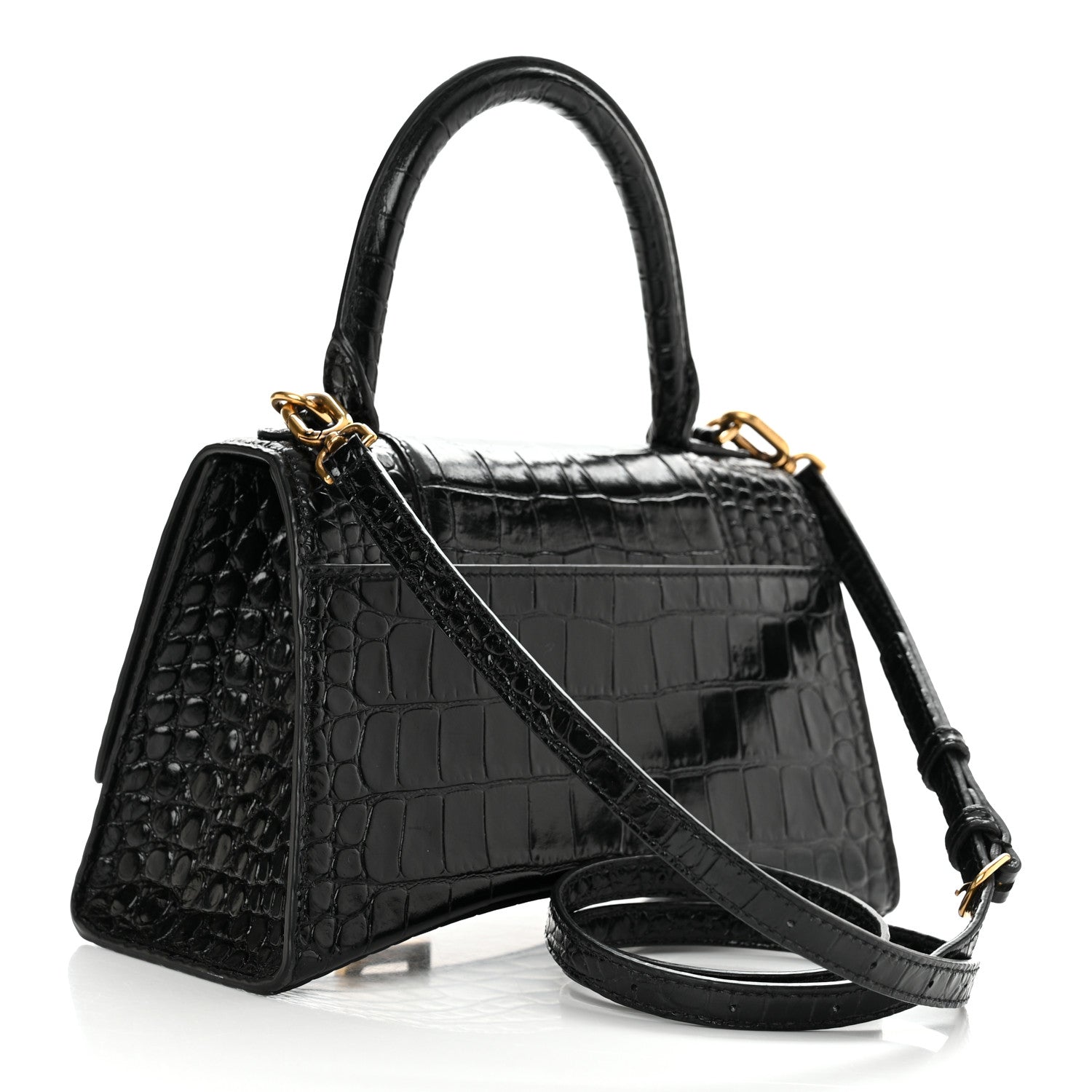 Balenciaga Shiny Calfskin Crocodile Embossed Small Hourglass Top Handle Bag Black 2 of 12