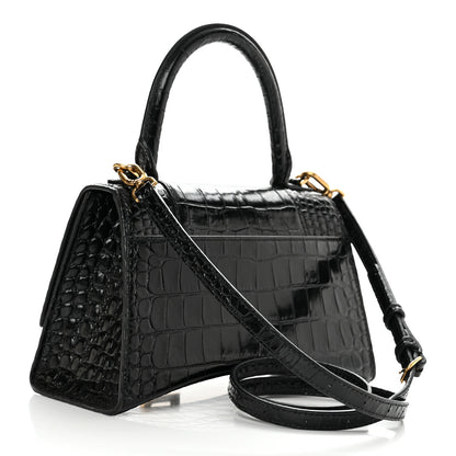 Balenciaga Shiny Calfskin Crocodile Embossed Small Hourglass Top Handle Bag Black 2 of 12