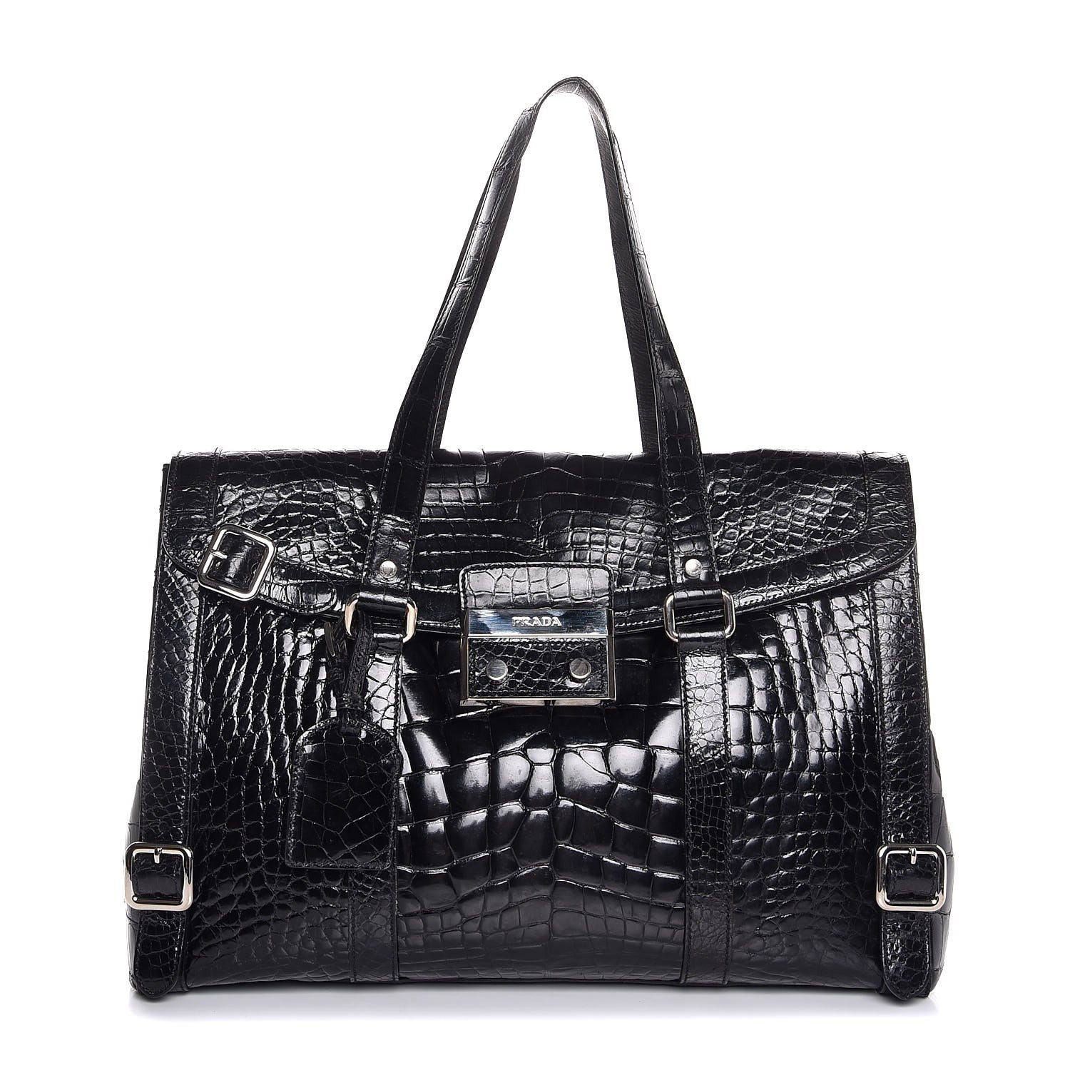 Prada Calfskin Crocodile Embossed Press Lock Satchel Nero Black 1 of 10