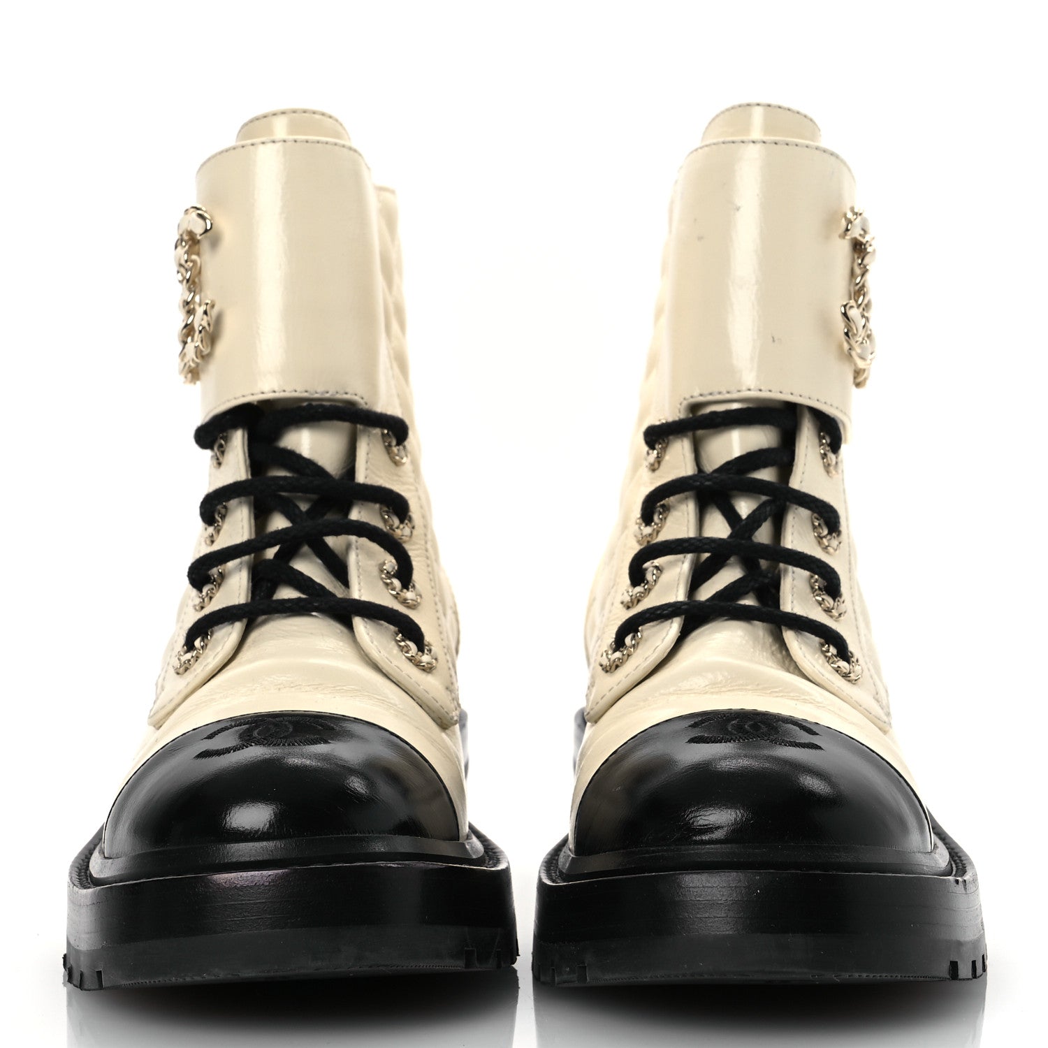 Chanel Shiny Goatskin Calfskin Quilted Lace Up Combat Boots 37 Black White 3 of 14