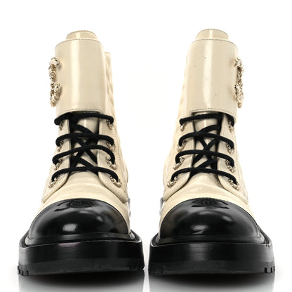 Chanel Shiny Goatskin Calfskin Quilted Lace Up Combat Boots 37 Black White 3 of 14