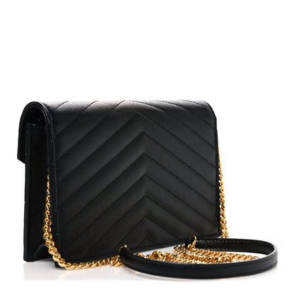 Saint Laurent Grain De Poudre Matelasse Chevron Monogram Envelope Chain Wallet Black 3 of 10