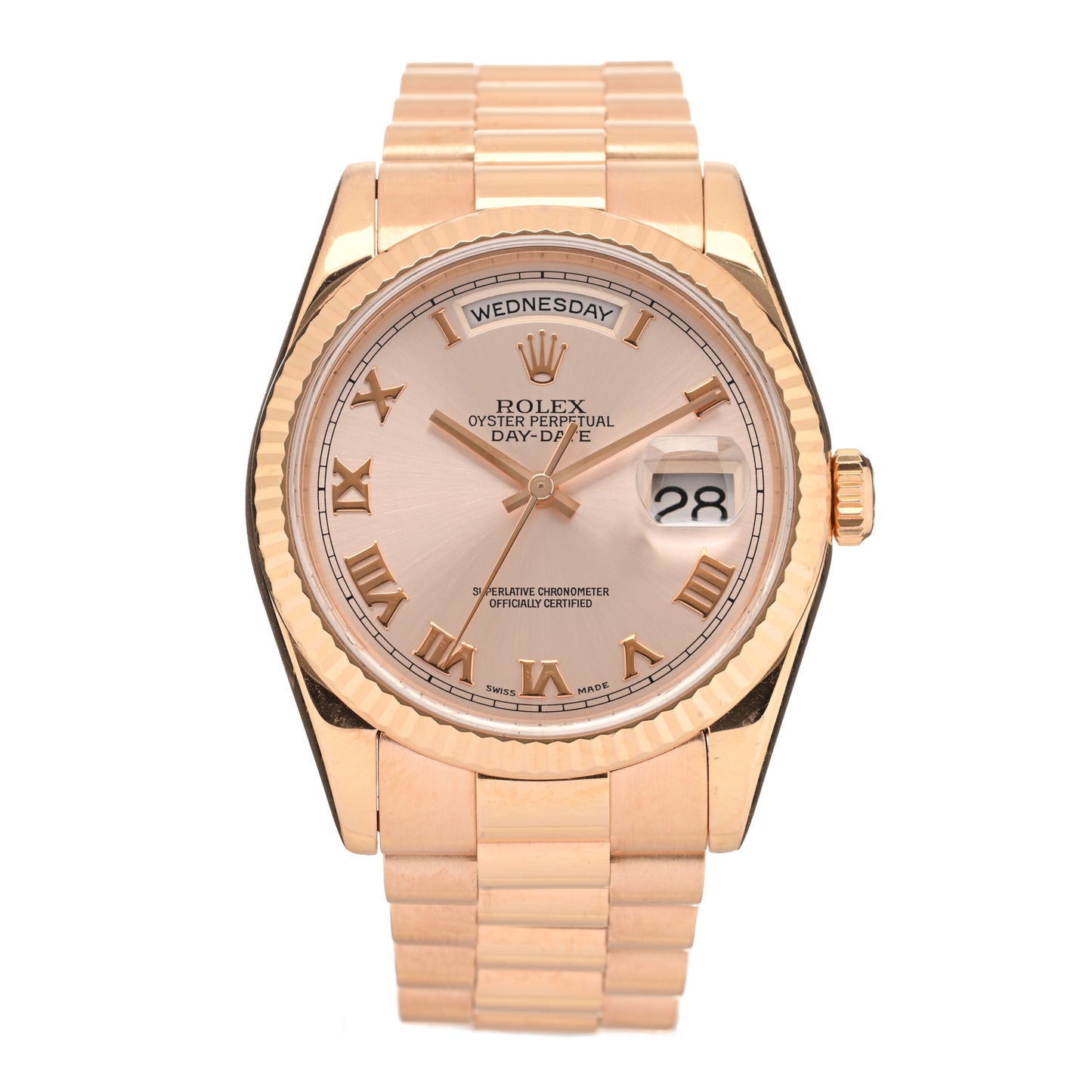 18K Everose Gold 36mm Oyster Perpetual Day-Date President Watch Rose Roman 118235