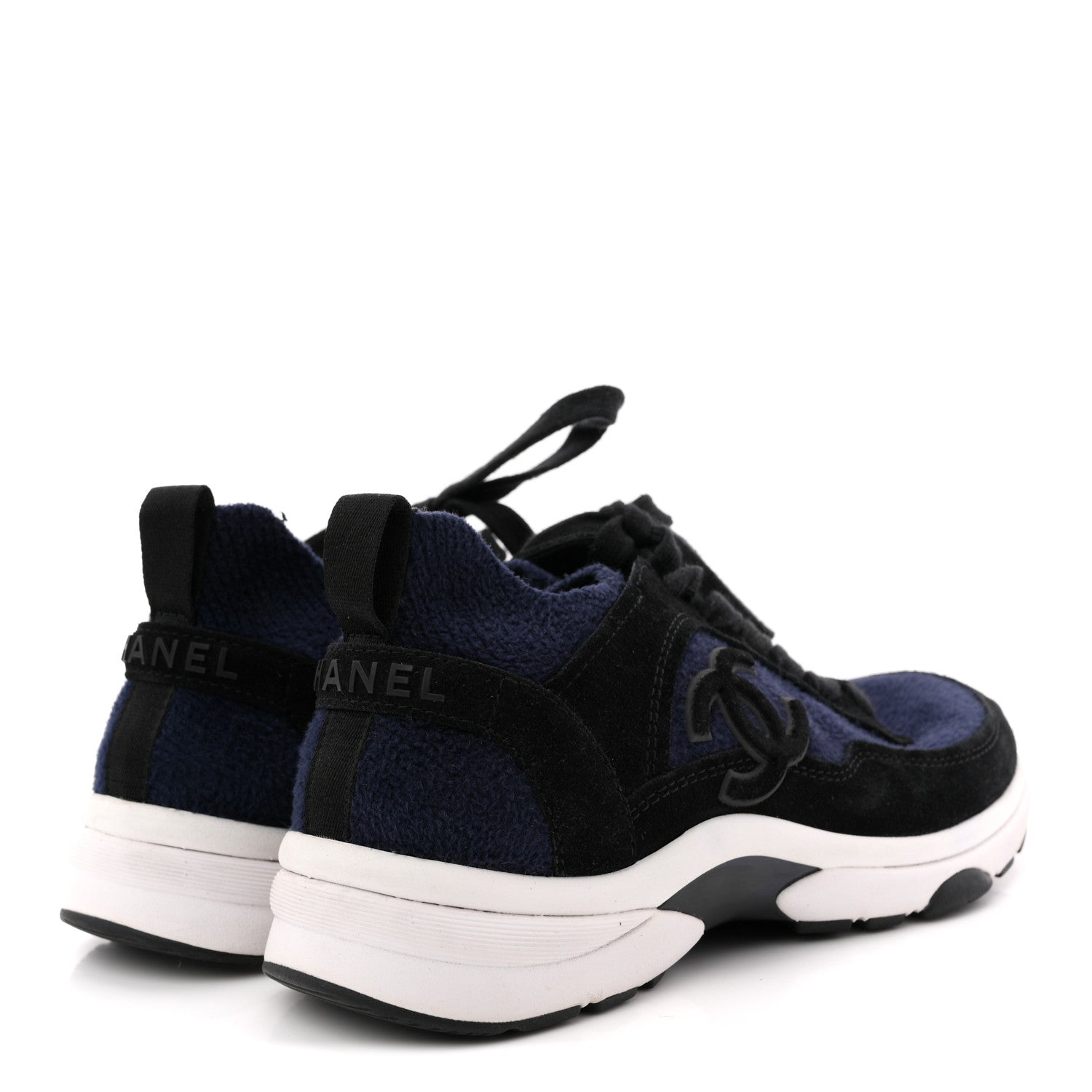 Chanel Knit Fabric Suede Calfskin Womens CC Sneakers 36 Navy Black 5 of 8