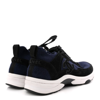 Chanel Knit Fabric Suede Calfskin Womens CC Sneakers 36 Navy Black 5 of 8