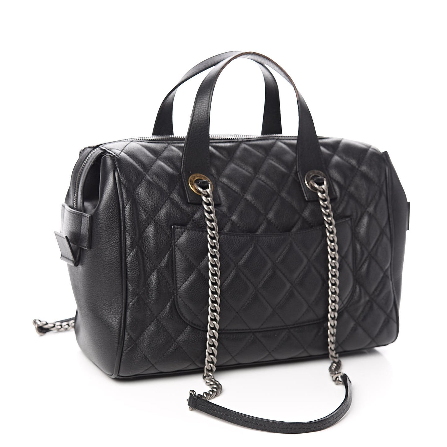 Grained Calfskin Quilted Large Casual Pocket Bowling Bag Black