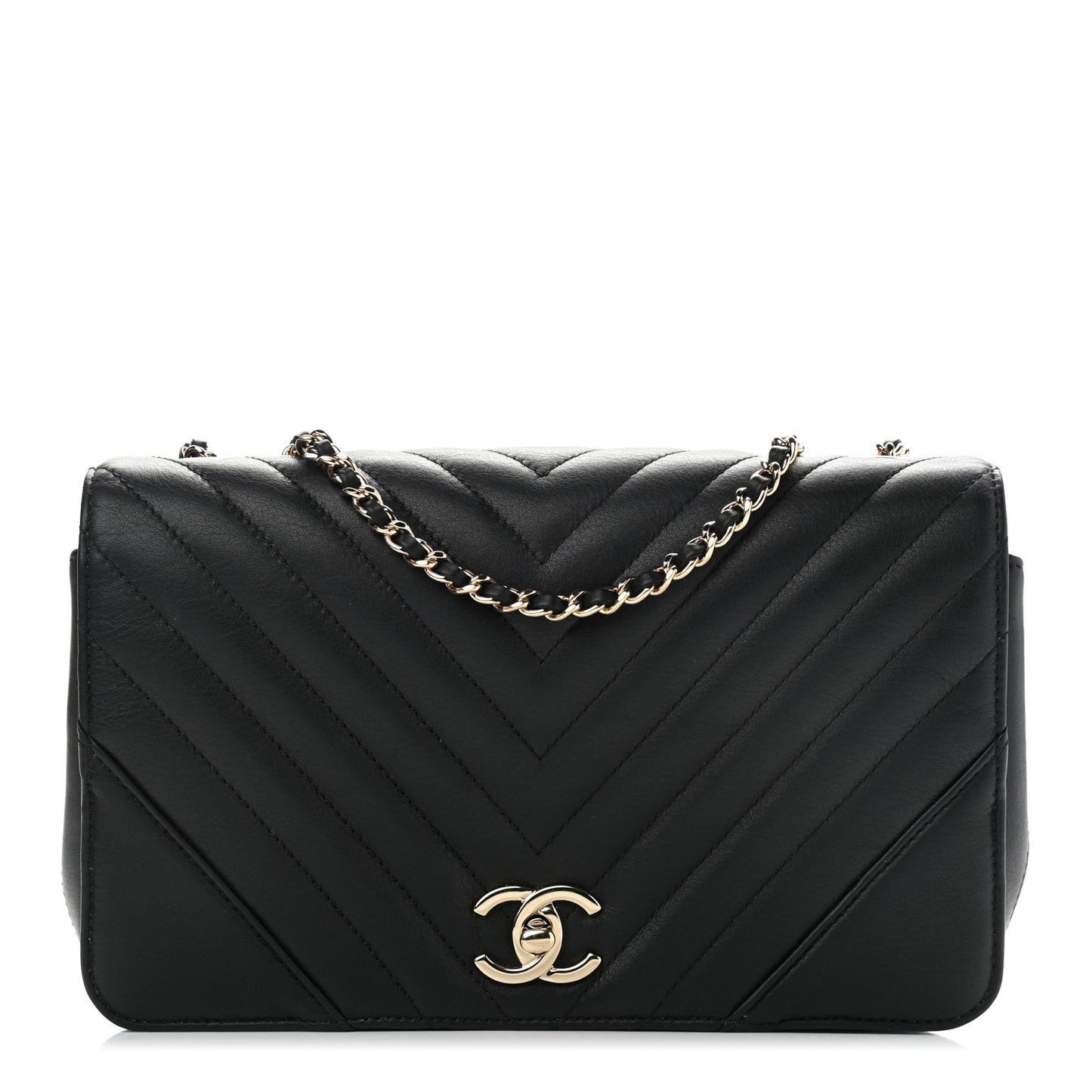 Calfskin Chevron Quilted Medium Statement Flap Black