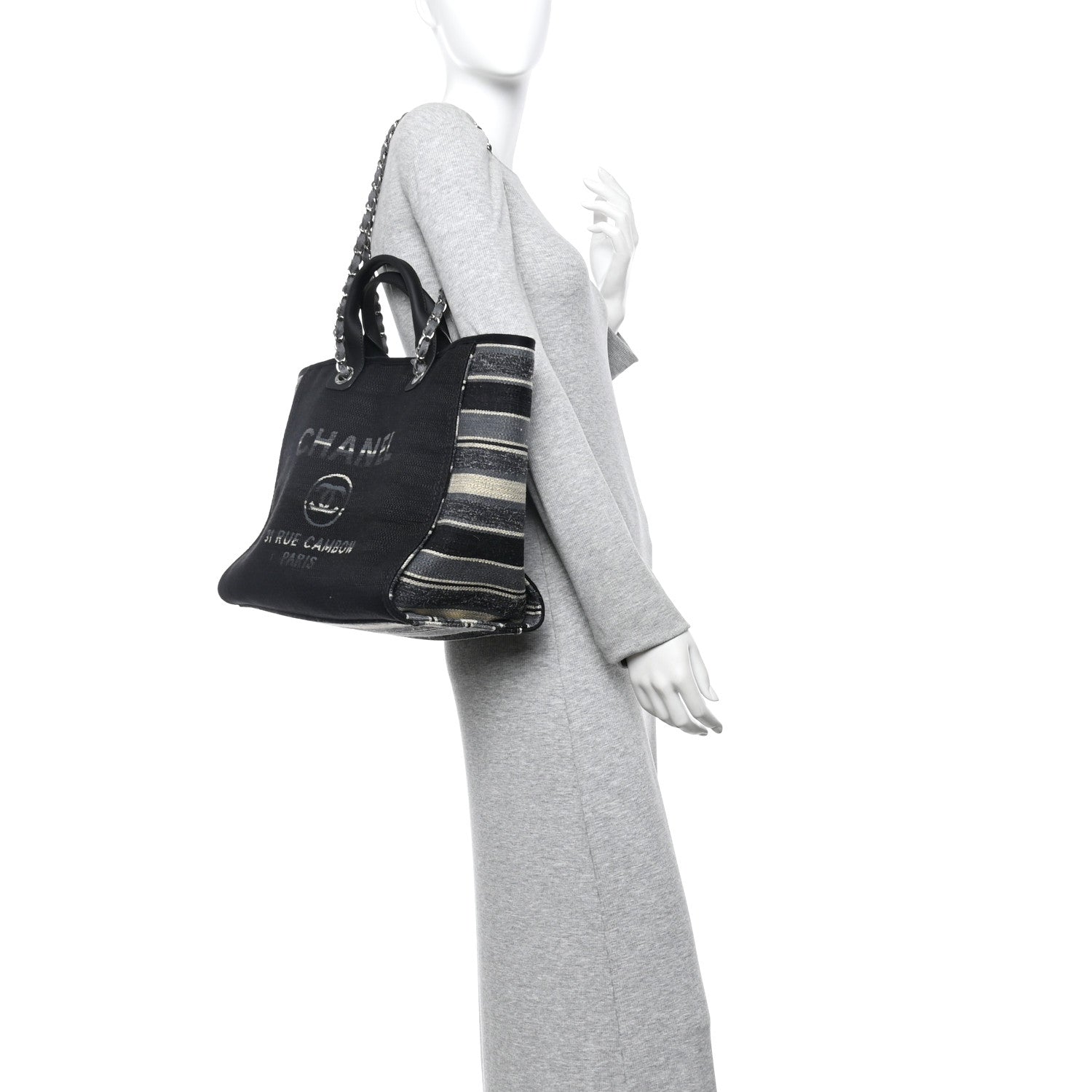 Chanel Striped Canvas Medium Deauville Tote Grey Black 2 of 11