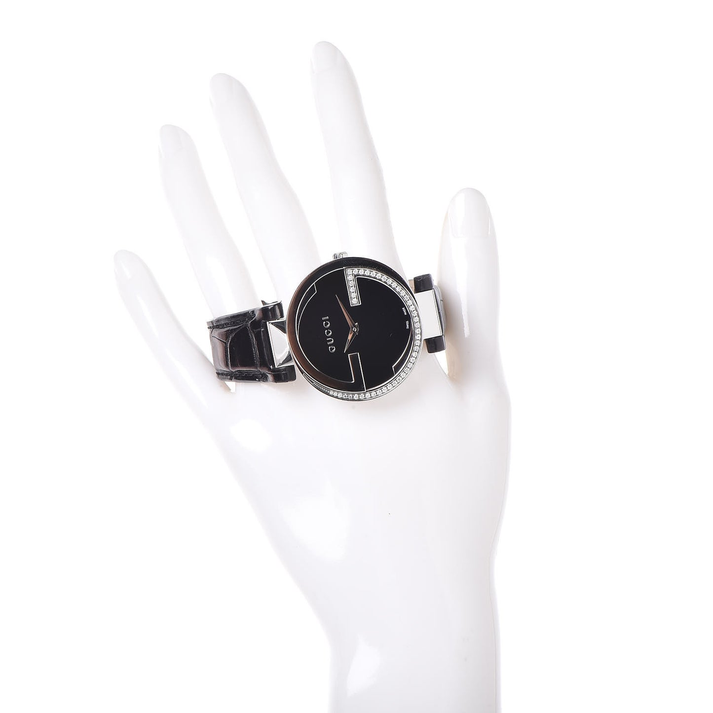 Stainless Steel Alligator Diamond 37mm Interlocking G Quartz Watch Black