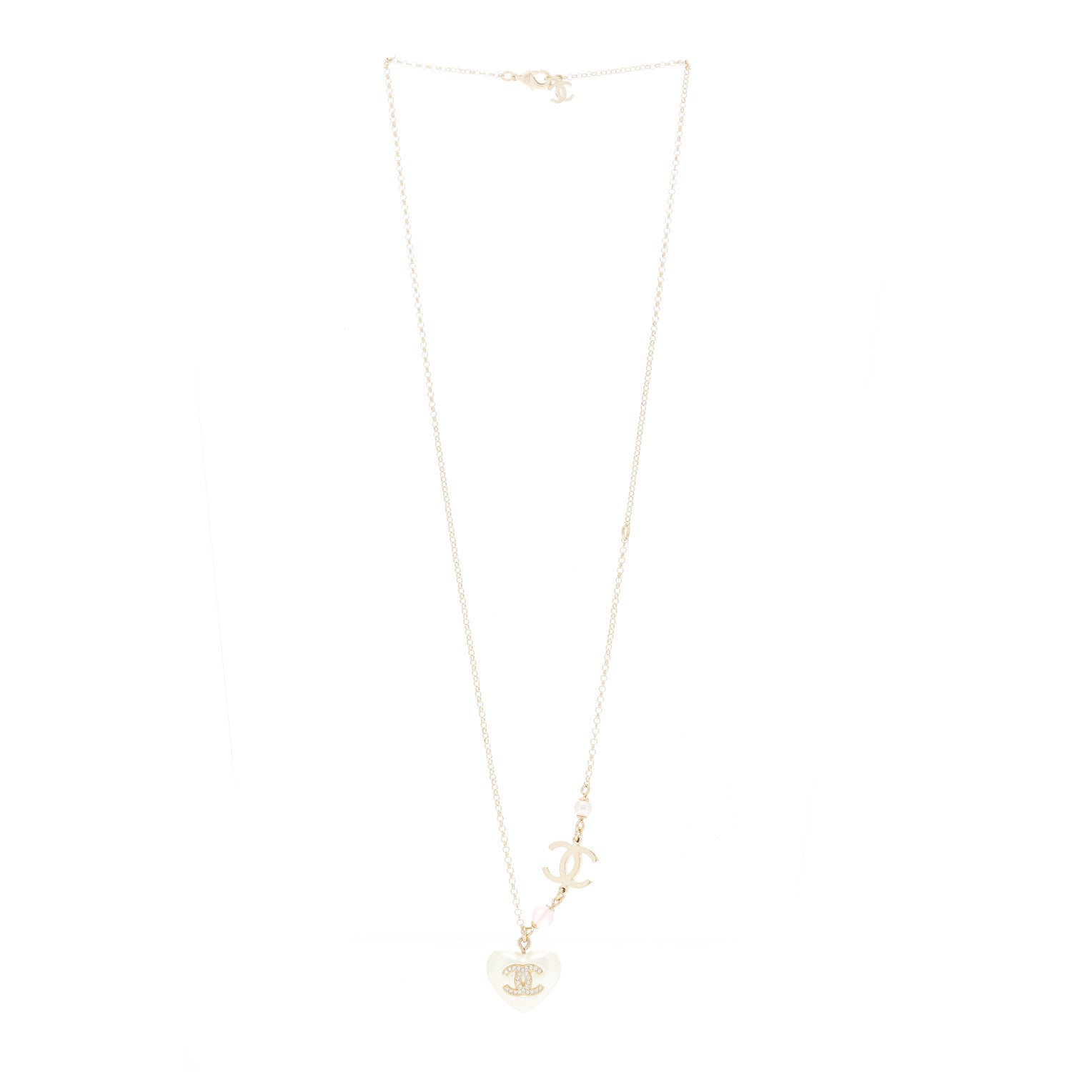 Chanel Resin Crystal CC Heart Necklace Pearly White Gold 3 of 6