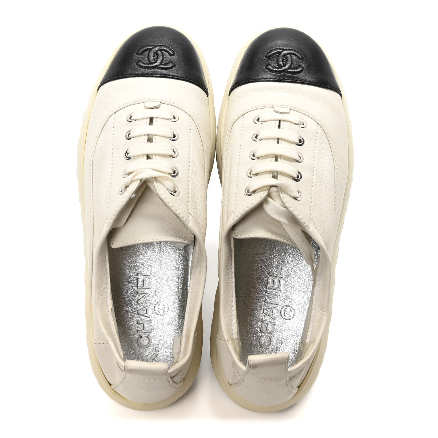 Chanel Lambskin Cap Toe CC Sneakers 39.5 White Black 2 of 9