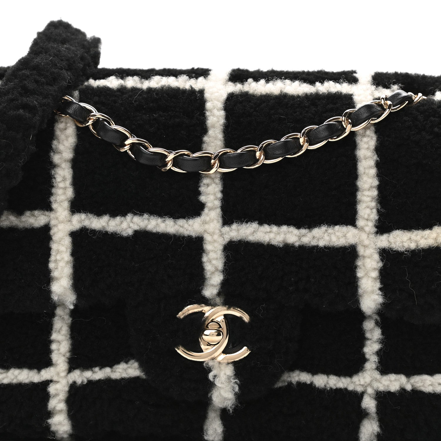 Chanel Shearling Lambskin Large Fluffy Tartan Single Flap Black White 8 of 11