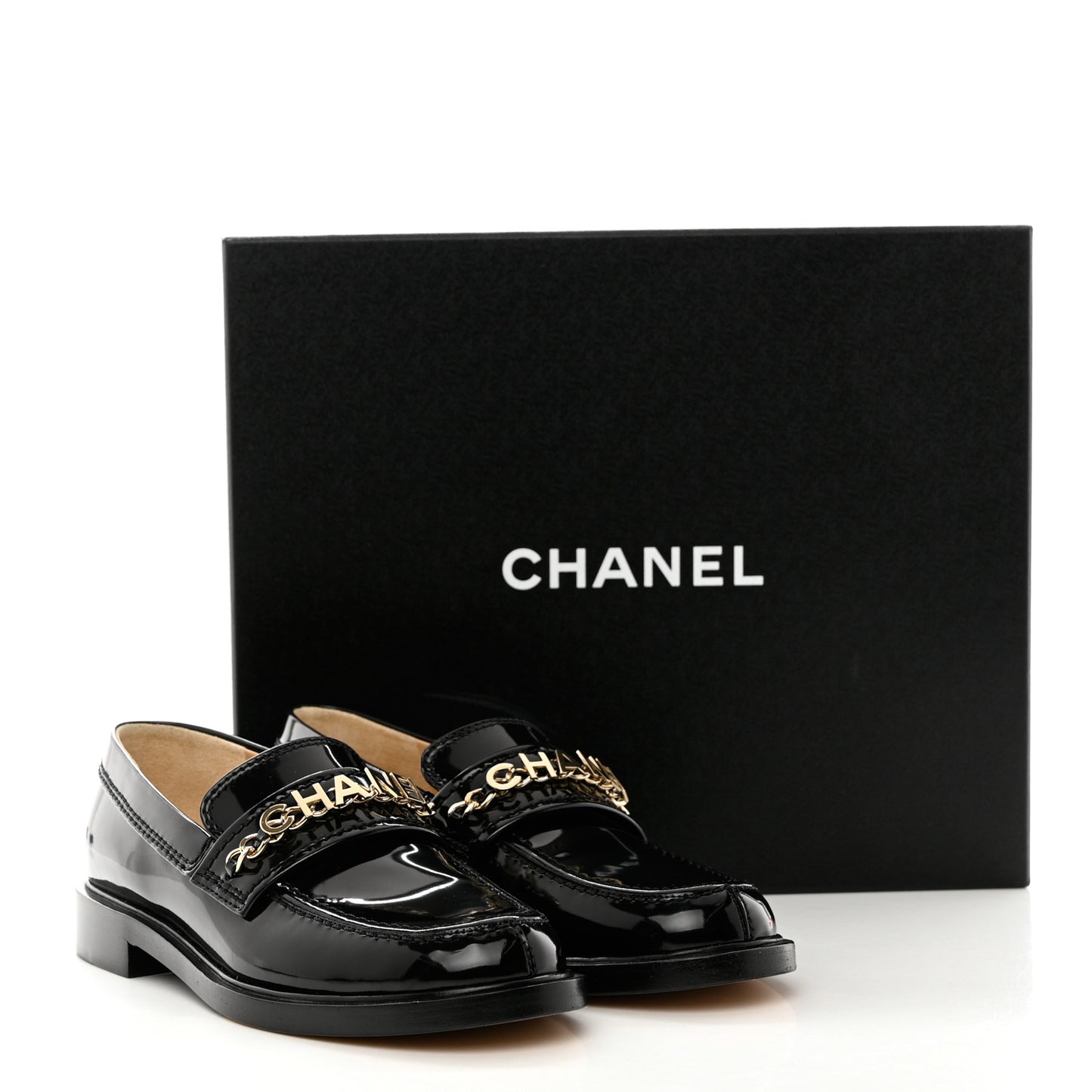 Shiny Calfskin Logo Loafers 37 Black