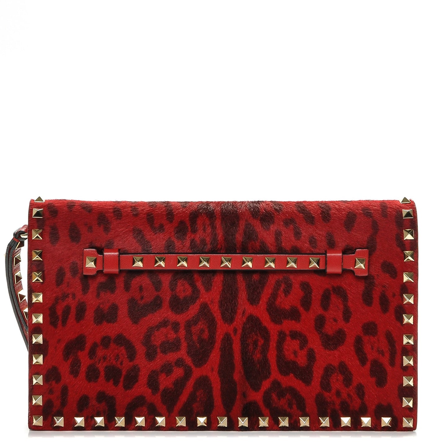 Calf Hair Leopard Print Rockstud Wristlet Clutch Red