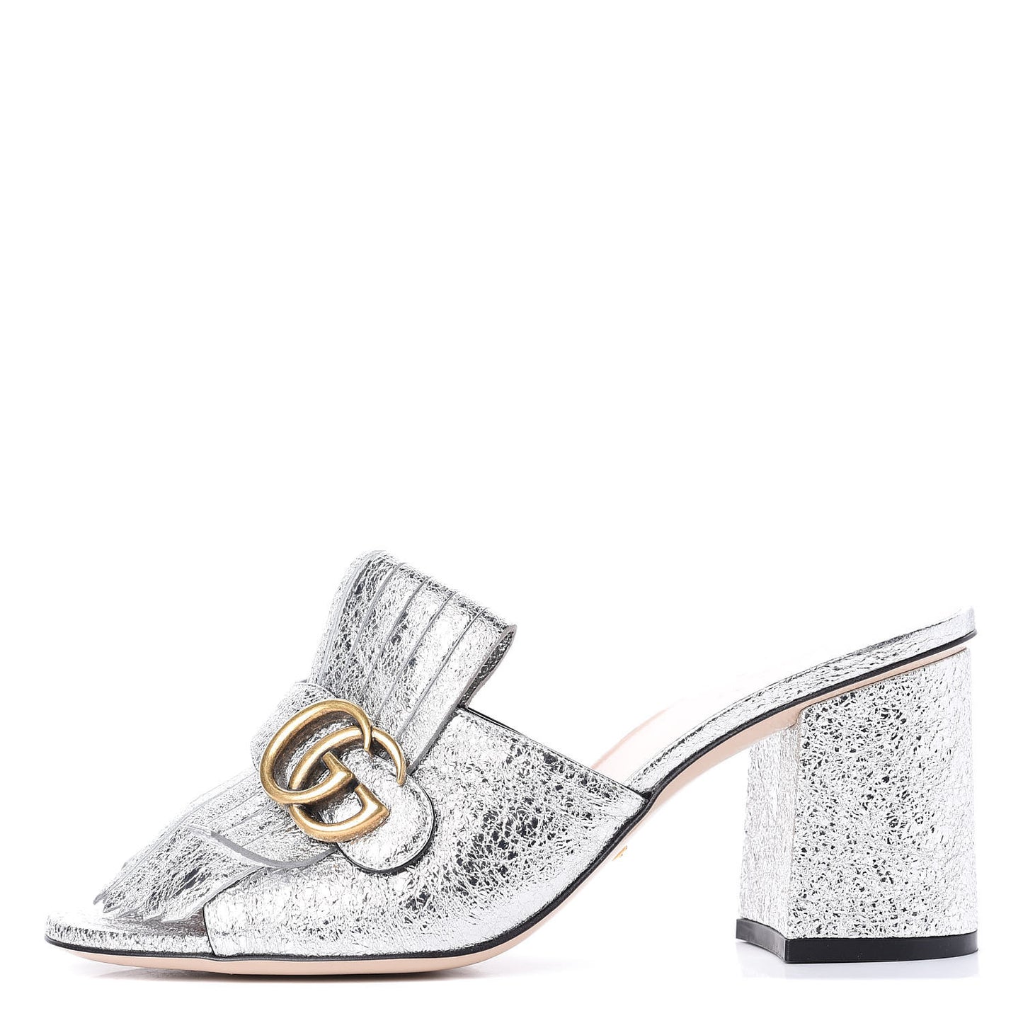 Galassia GG Marmont Fringe 75mm Slide Sandals 38.5 Argento