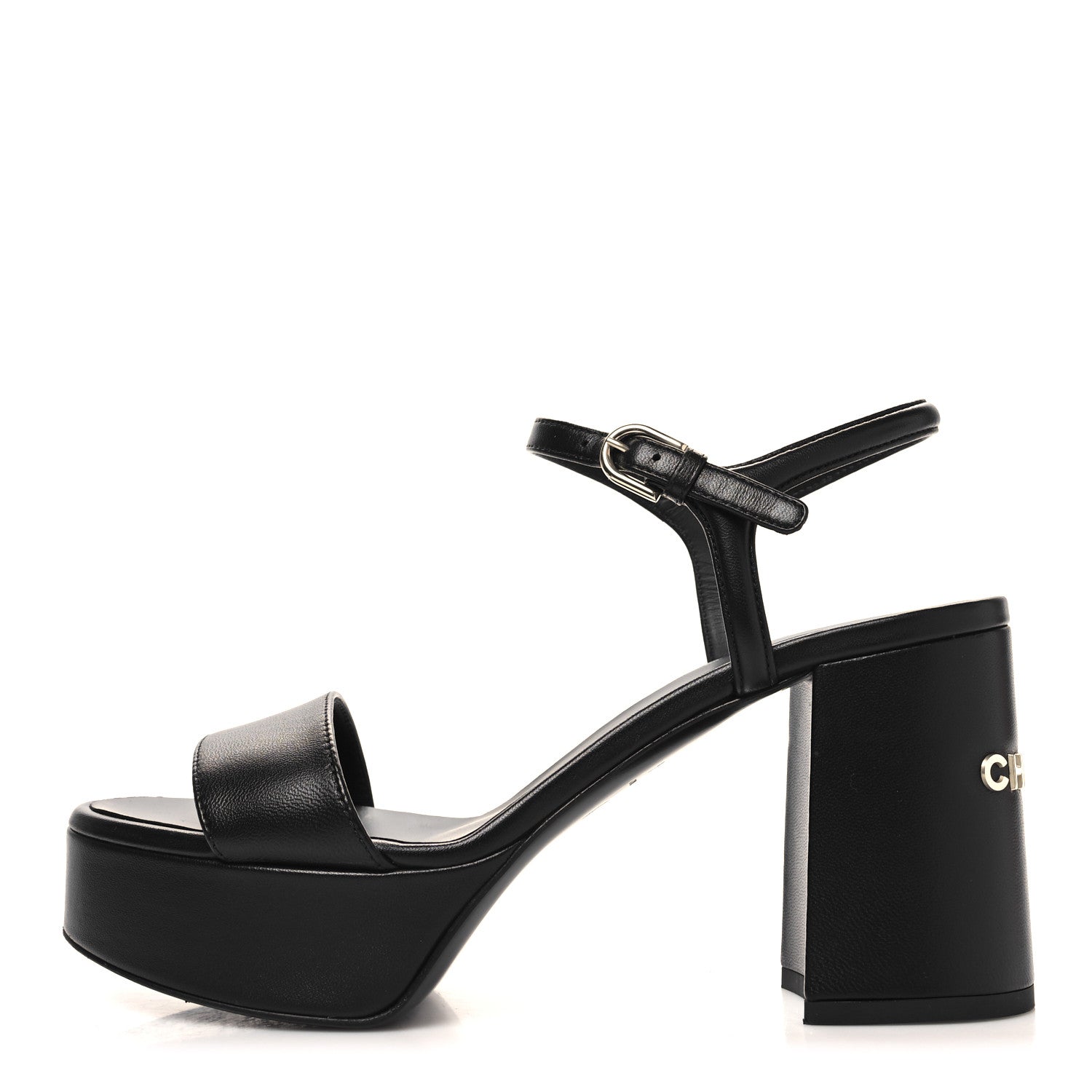 Chanel Lambskin Logo Platform Sandals 37.5 Black 1 of 9