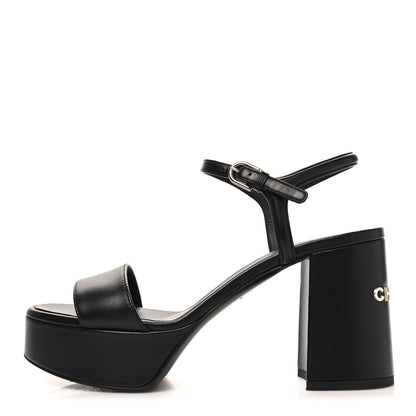 Chanel Lambskin Logo Platform Sandals 37.5 Black 1 of 9