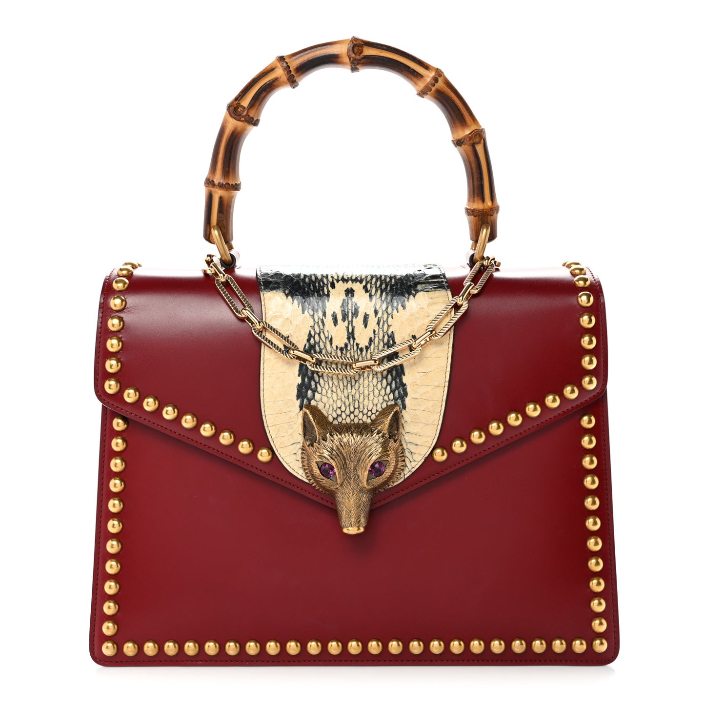 Glossy Calfskin Snakeskin Studded Fox Broche Bamboo Top Handle Bag Red