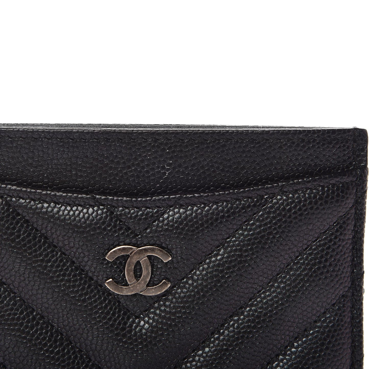 Iridescent Caviar Chevron Quilted Card Holder Black
