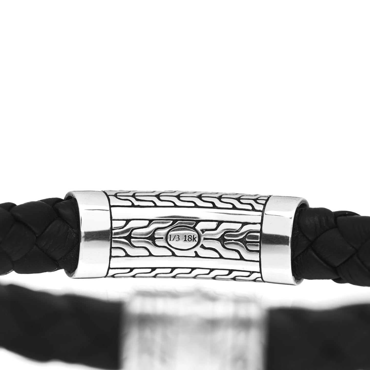 Sterling Silver 18K Yellow Gold Leather 12mm Braided Hammered Station Bracelet Black