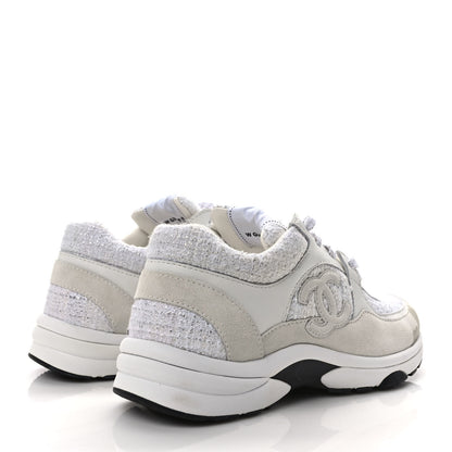 Chanel Painted Iridescent Cotton Tweed Suede Calfskin Womens CC Sneakers 38 White Silver Multicolor 4 of 11