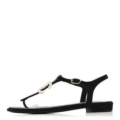 Chanel Suede Pearl Crystal CC Thong Sandal 39 Black 1 of 11