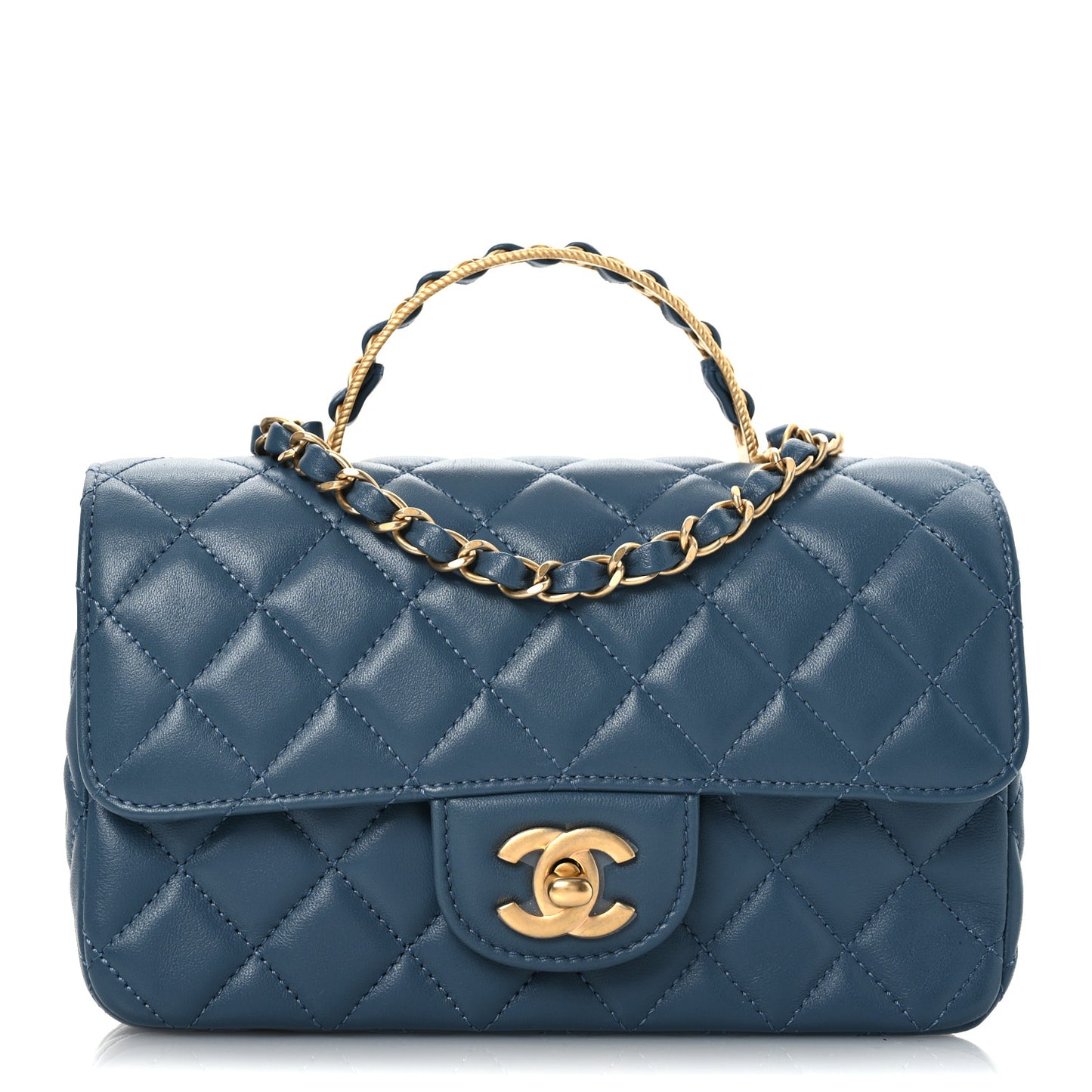 Lambskin Quilted Mini Metal Top Handle Rectangular Flap Blue