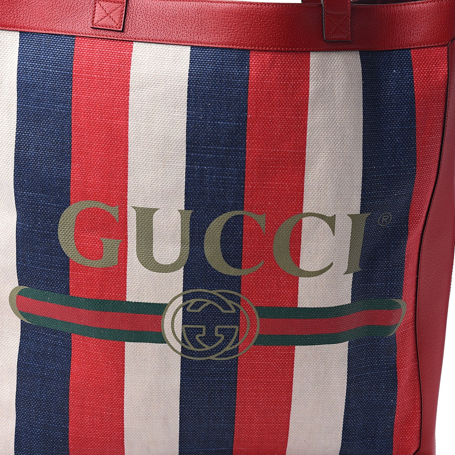 Gucci Canvas Calfskin Sylvie Stripe Logo Mens Tote Red White Blue 9 of 9