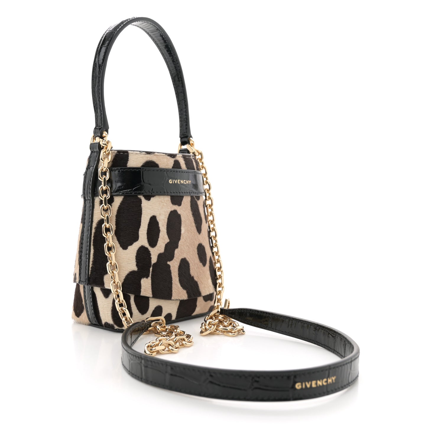 Pony Calfskin Micro Leopard Print Shark Lock Bucket Bag Black Beige