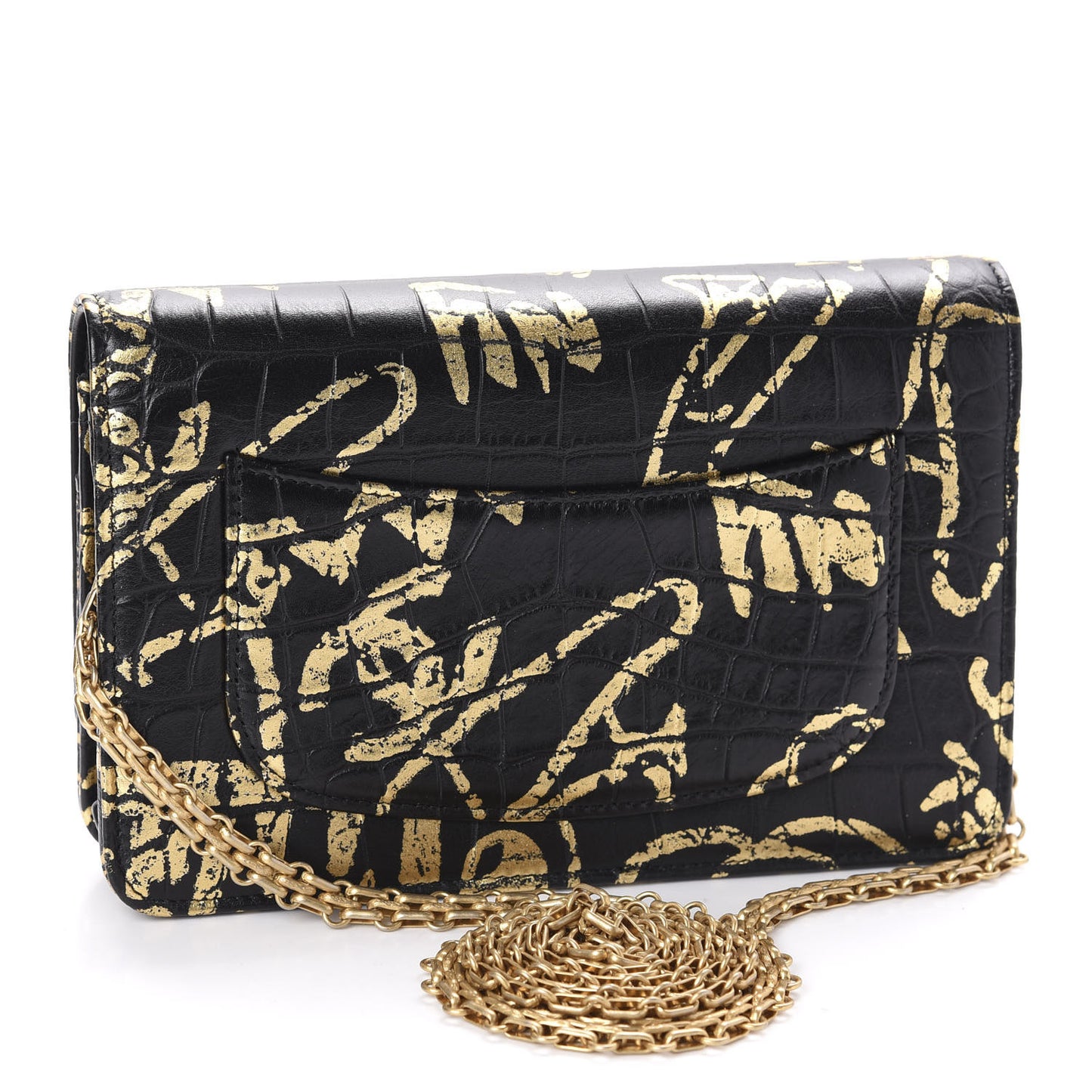 Calfskin Crocodile Embossed Graffiti 2.55 Cocodile Reissue Wallet On Chain WOC Black Gold