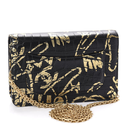 Chanel Calfskin Crocodile Embossed Graffiti 2.55 Cocodile Reissue Wallet On Chain WOC Black Gold 3 of 12