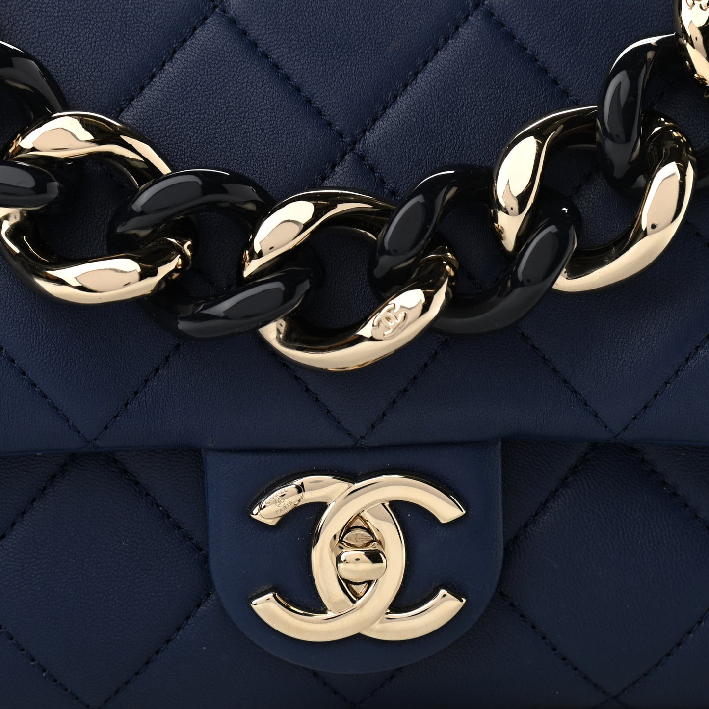 Lambskin Quilted Resin Bi-Color Chain Flap Bag Navy