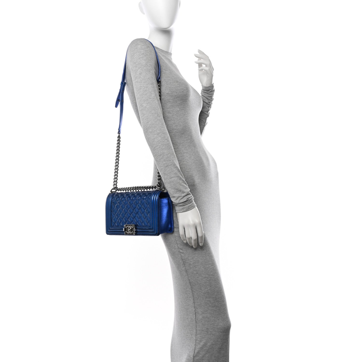 Chanel Metallic Patent Quilted Medium Boy Flap Blue 2 of 17