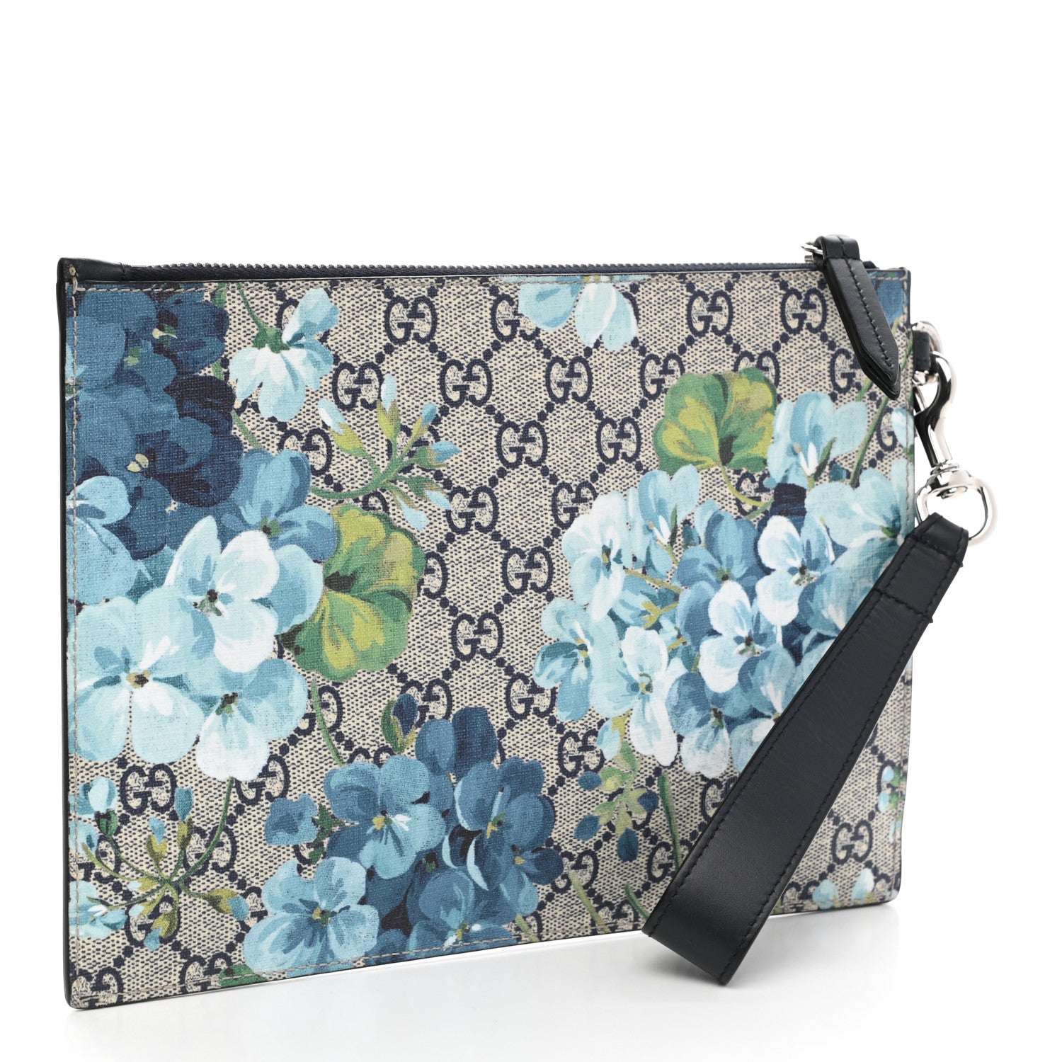 Gucci GG Supreme Monogram Blooms Small Zip Wristlet Pouch Beige Blue Black 3 of 8