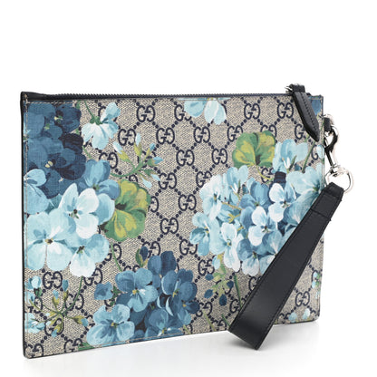 Gucci GG Supreme Monogram Blooms Small Zip Wristlet Pouch Beige Blue Black 3 of 8