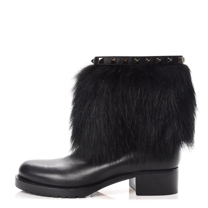 Valentino Garavani Calfskin Fox Fur Rockstud Winter Boots 38 Black 1 of 7