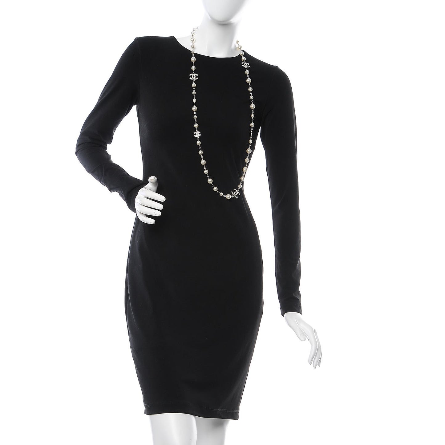 Graduated Pearl Crystal CC Long Necklace Silver