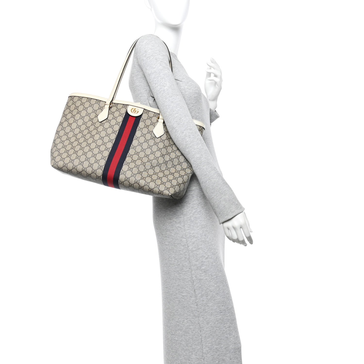 Gucci GG Supreme Monogram Textured Dollar Calfskin Web Medium Ophidia Shopping Tote Beige Ebony Mystic White 2 of 10