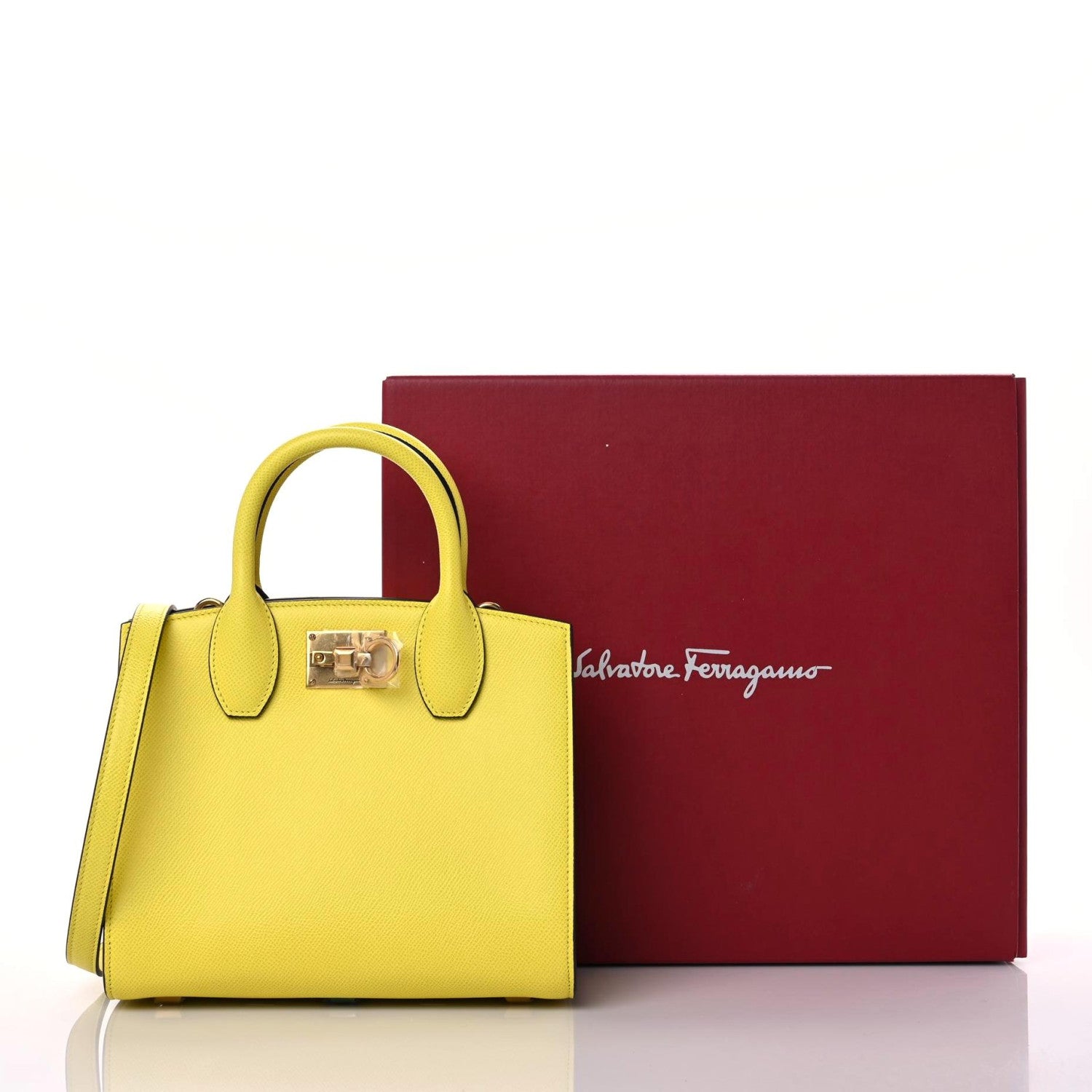 Salvatore Ferragamo Hammered Calfskin The Studio Box Bag Yellow 8 of 8