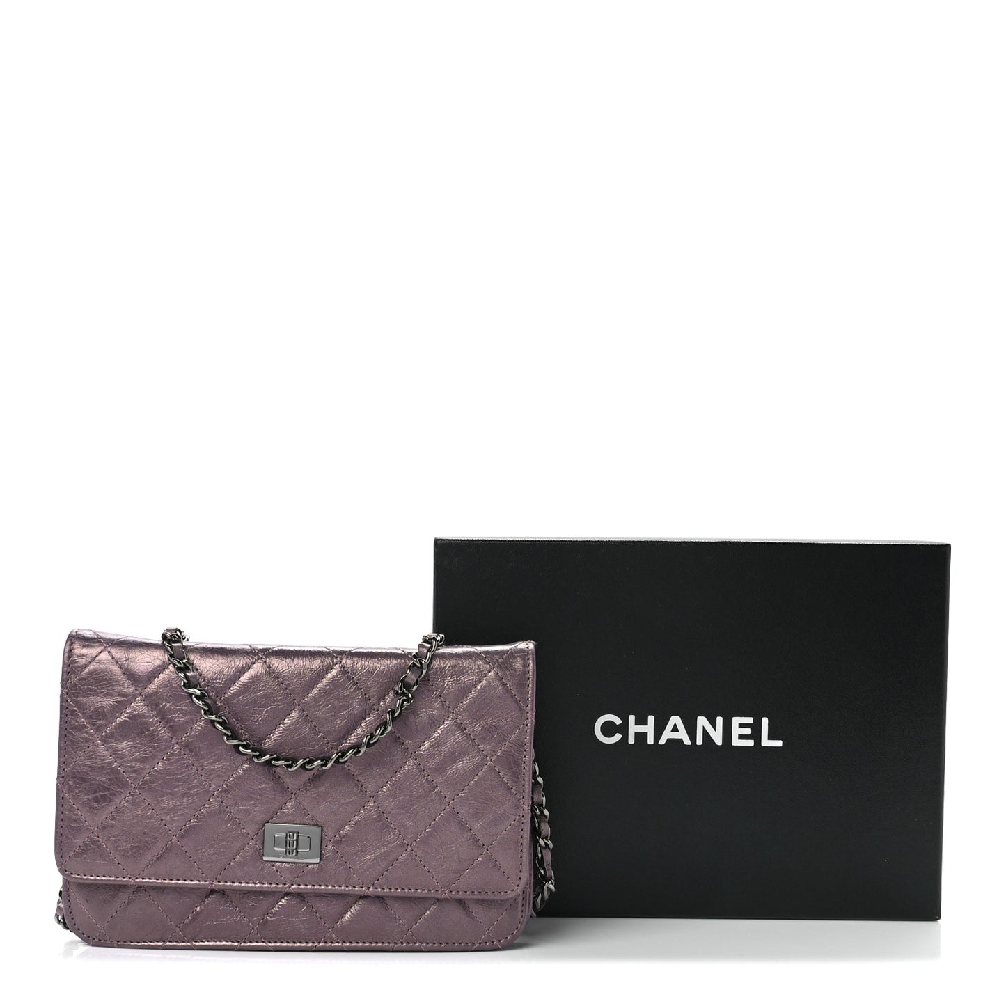 Metallic Aged Calfskin Quilted 2.55 Reissue Wallet on Chain WOC Purple